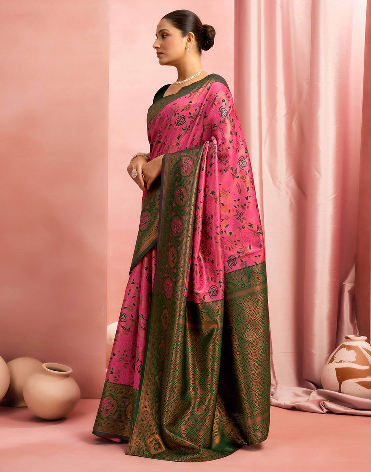 Bright Pink Silk Woven Kanjivaram Saree