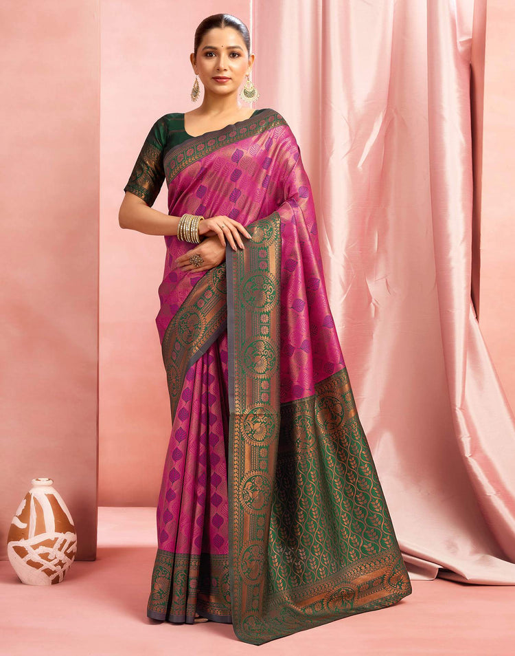 Bright Pink Silk Woven Kanjivaram Saree