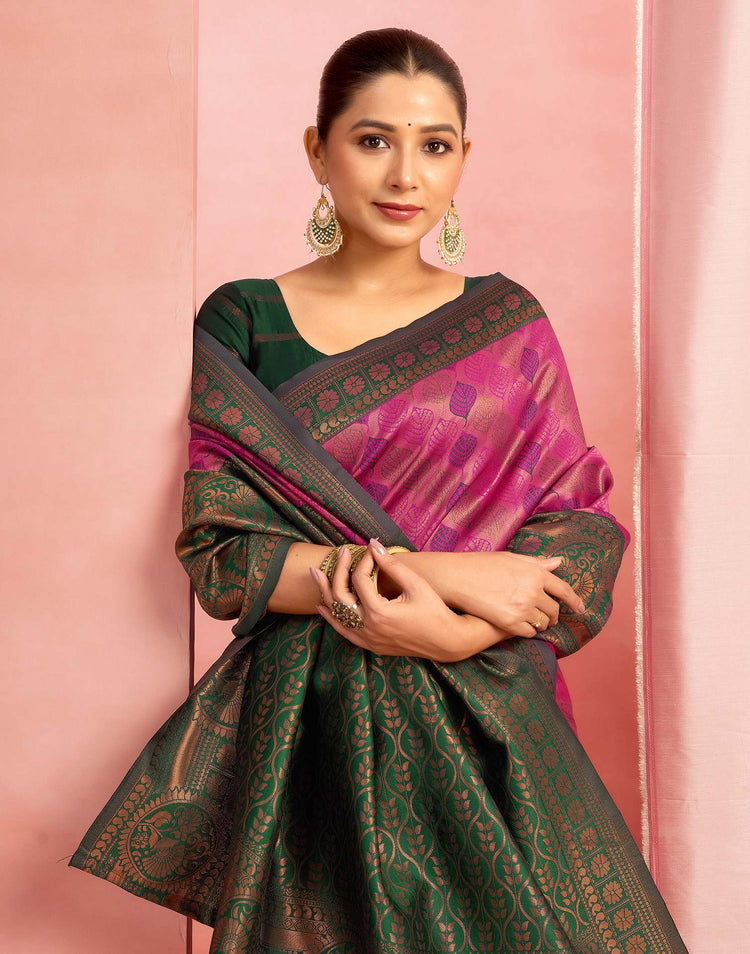 Bright Pink Silk Woven Kanjivaram Saree