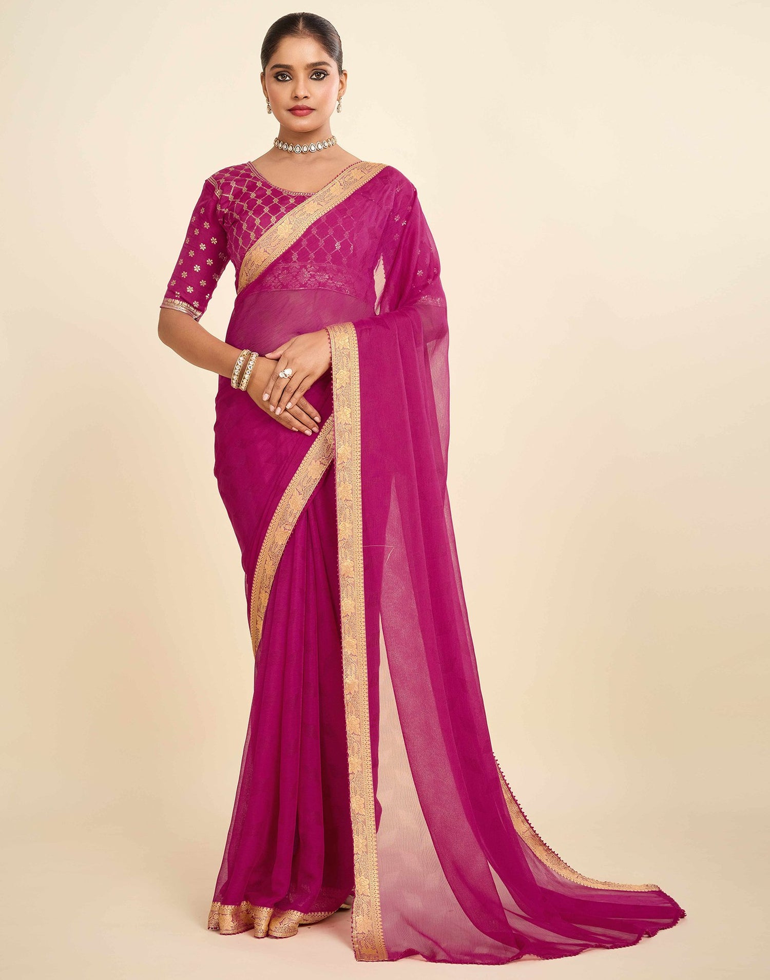 Pink Chiffon Lace Saree