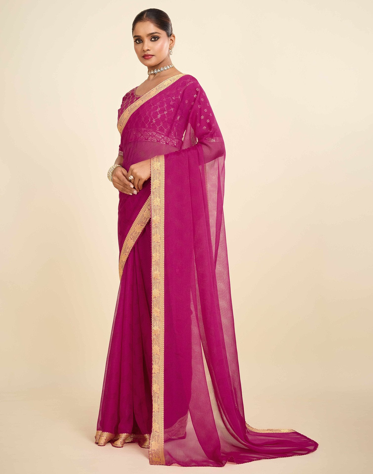 Pink Chiffon Lace Saree
