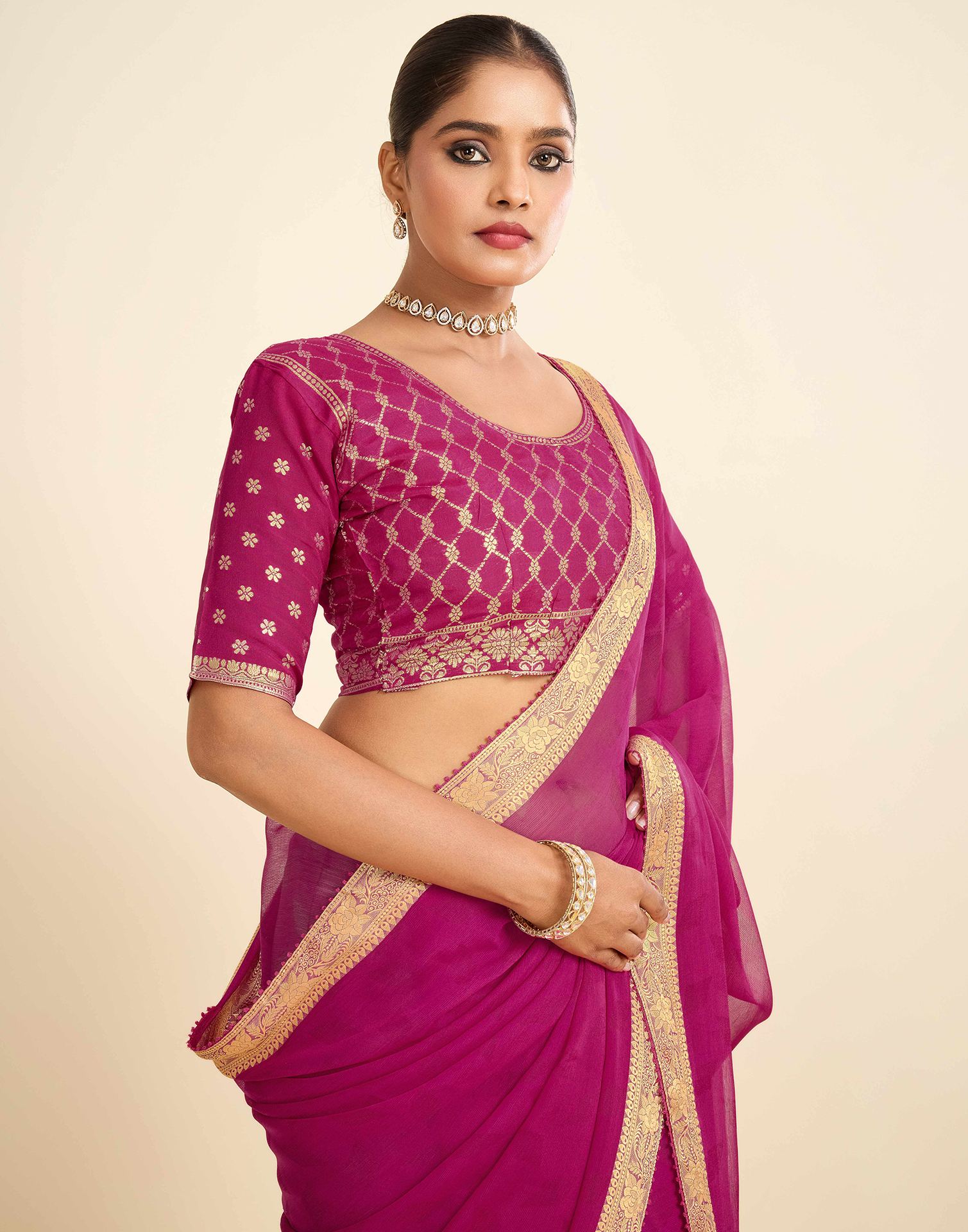 Pink Chiffon Lace Saree