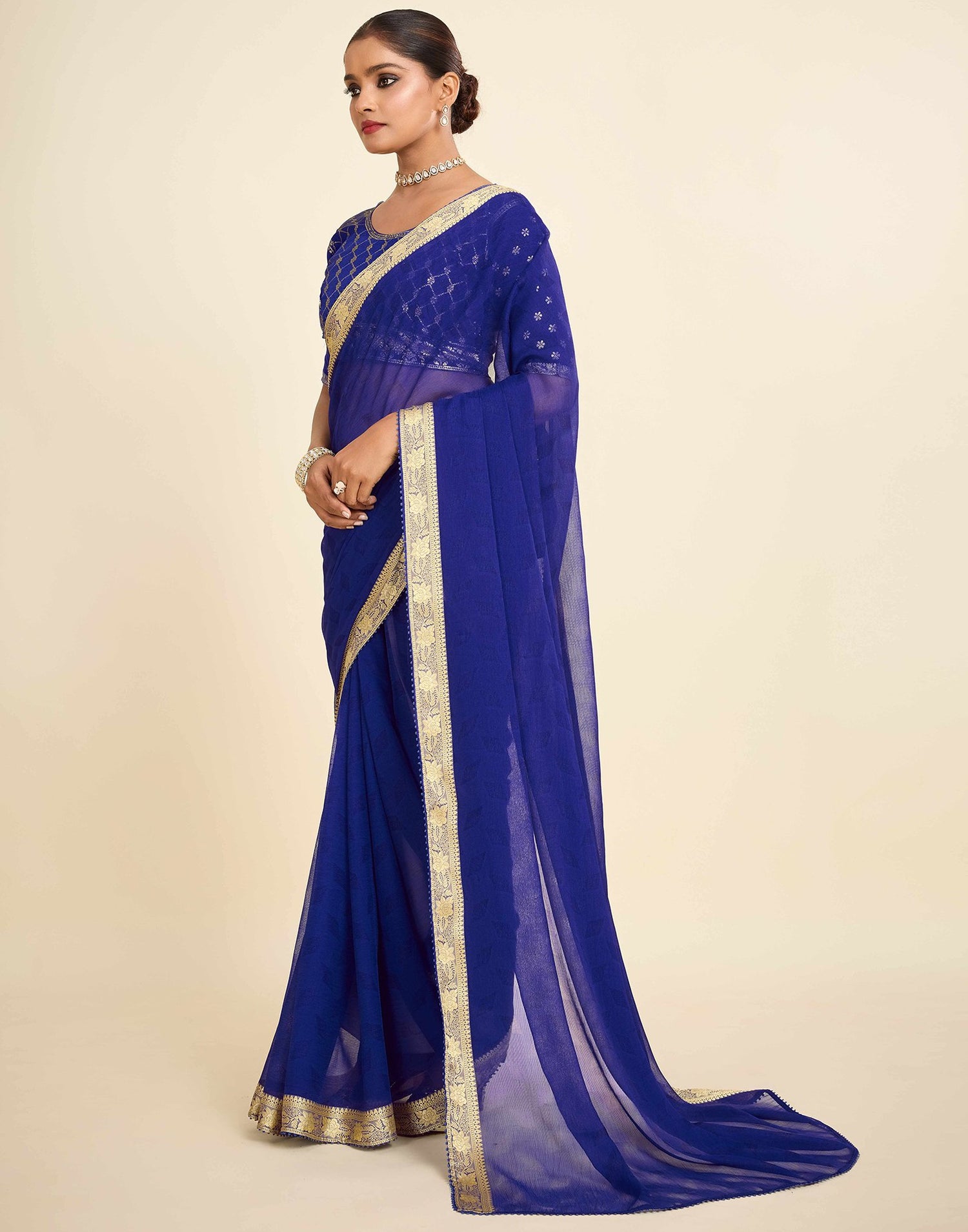 Blue Chiffon Lace Saree