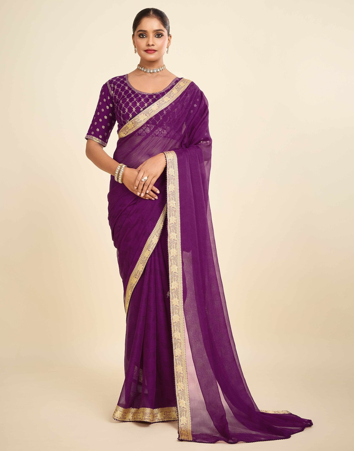 Purple Chiffon Lace Saree