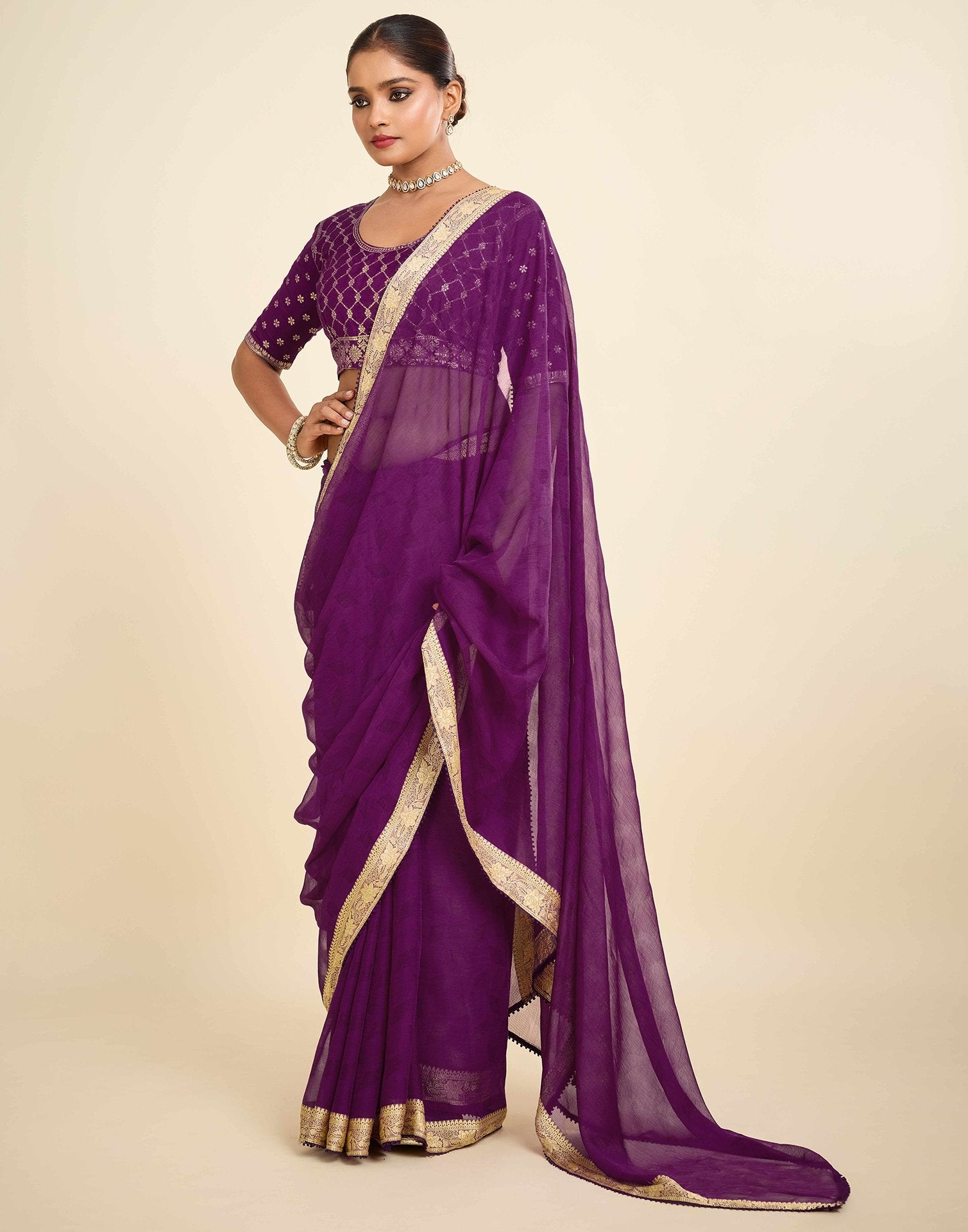 Purple Chiffon Lace Saree