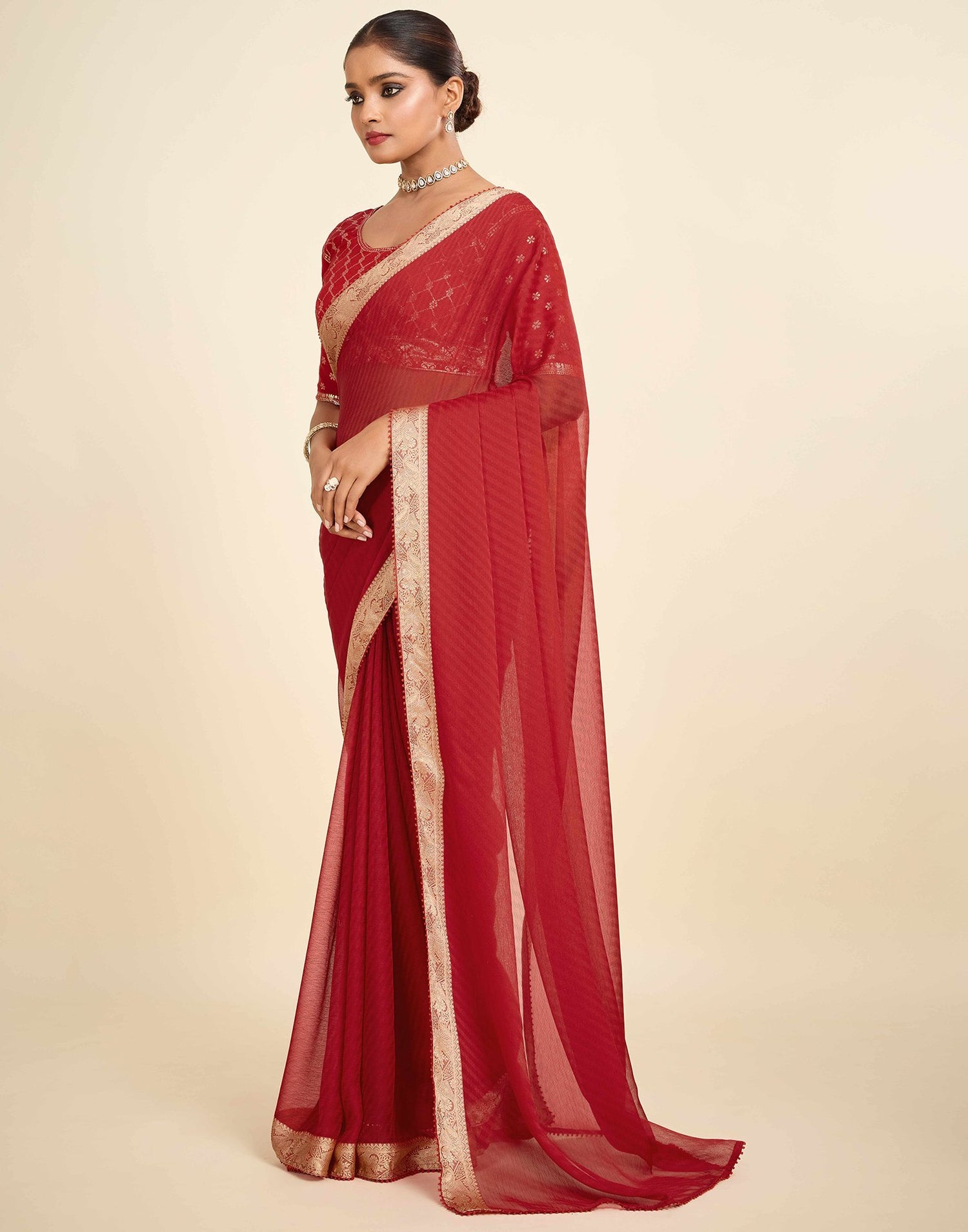 Red Chiffon Lace Saree
