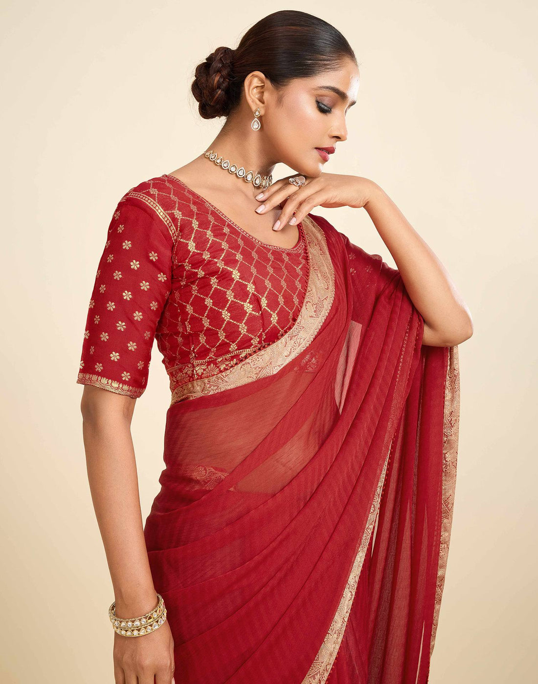 Red Chiffon Lace Saree