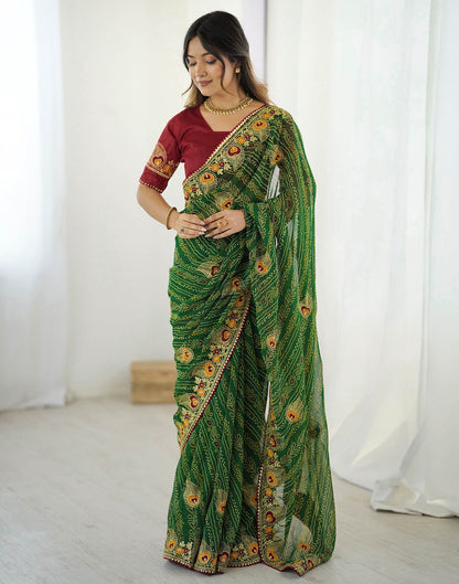 Green Georgette Lace Bandhani Saree
