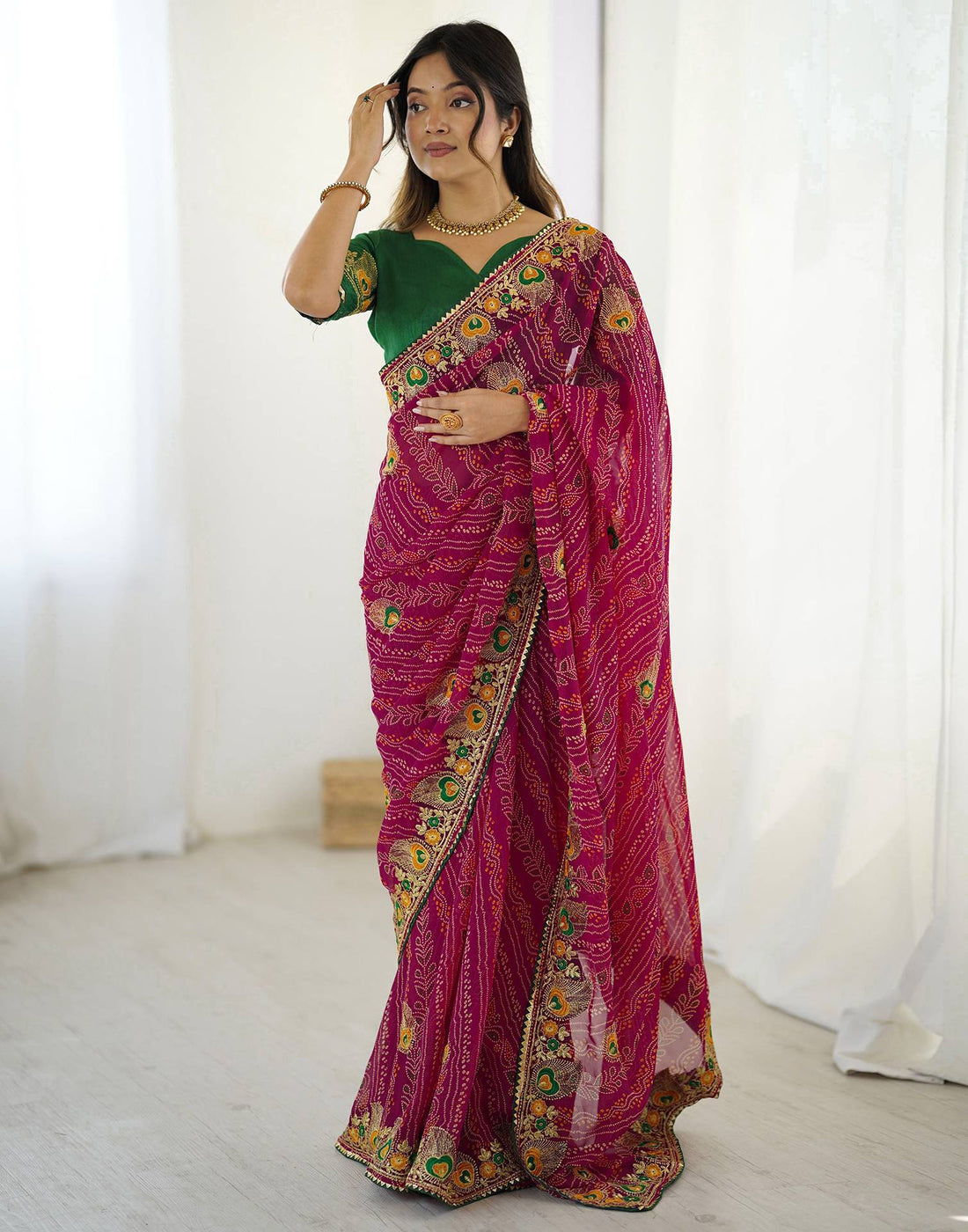Pink Georgette Lace Bandhani Saree