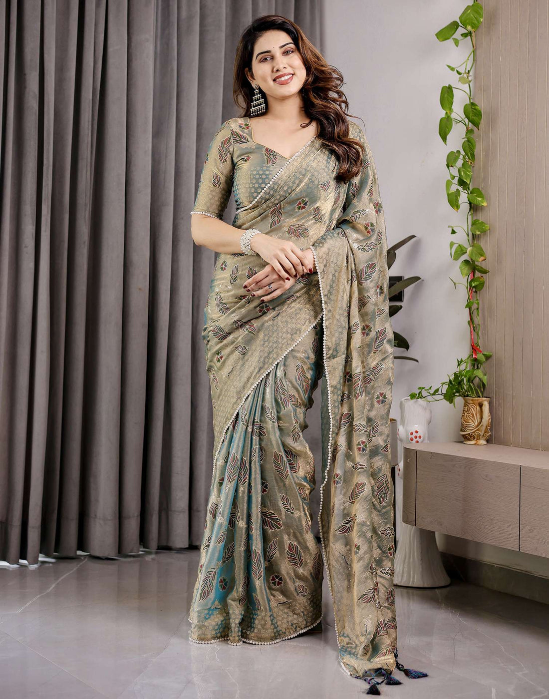 Pastel Green Shimmer Chiffon Foil Printed Saree