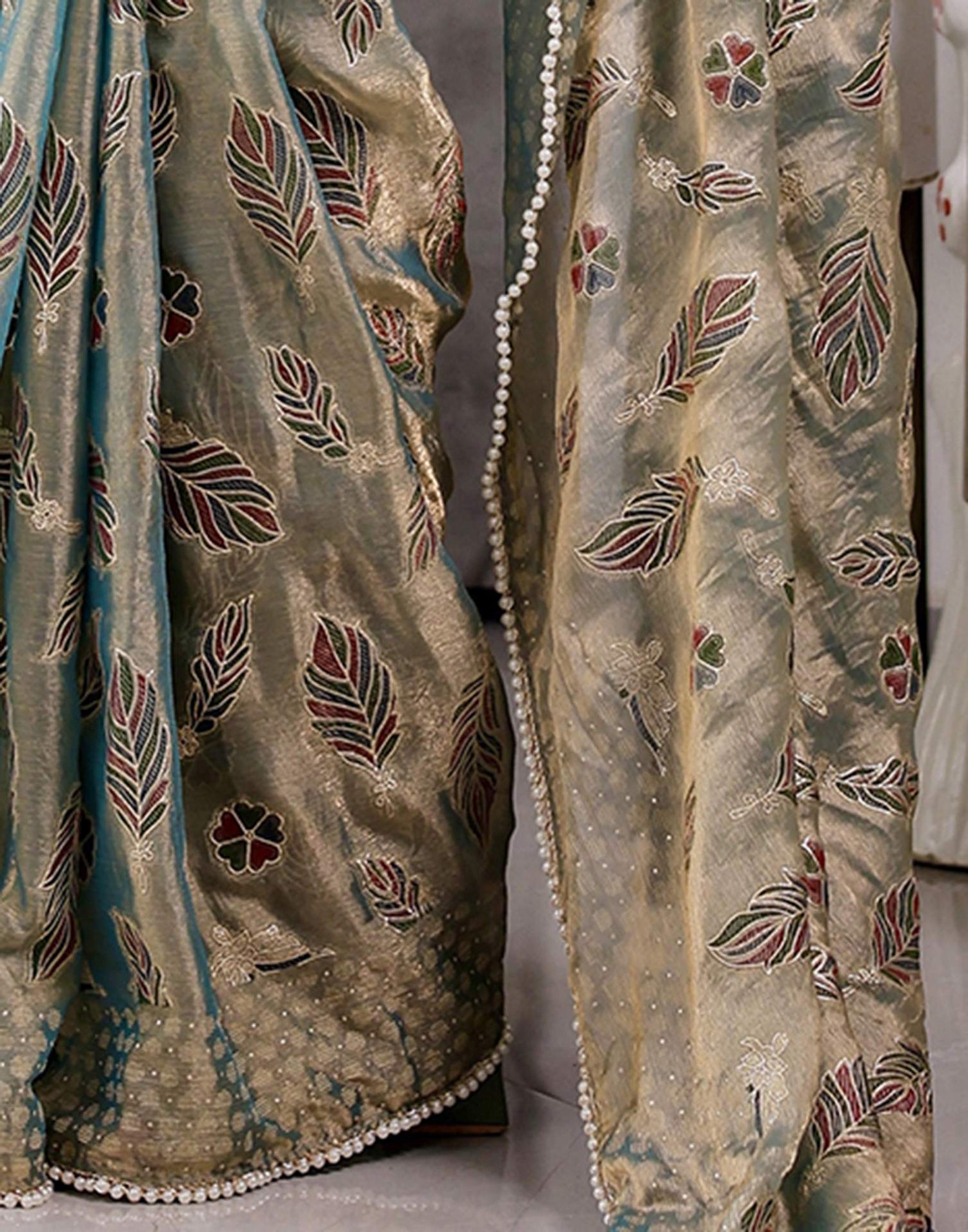 Pastel Green Shimmer Chiffon Foil Printed Saree