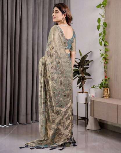 Pastel Green Shimmer Chiffon Foil Printed Saree