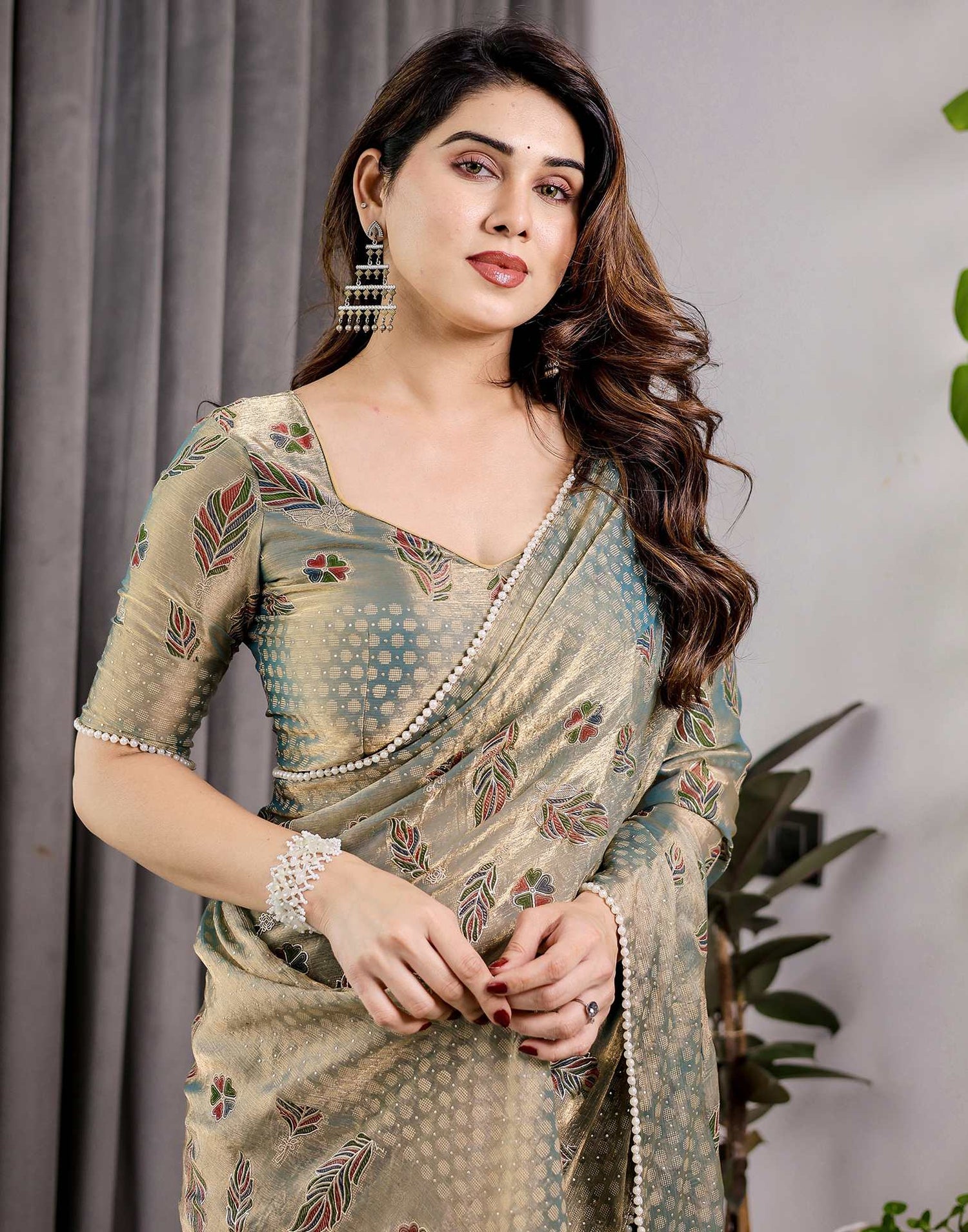 Pastel Green Shimmer Chiffon Foil Printed Saree