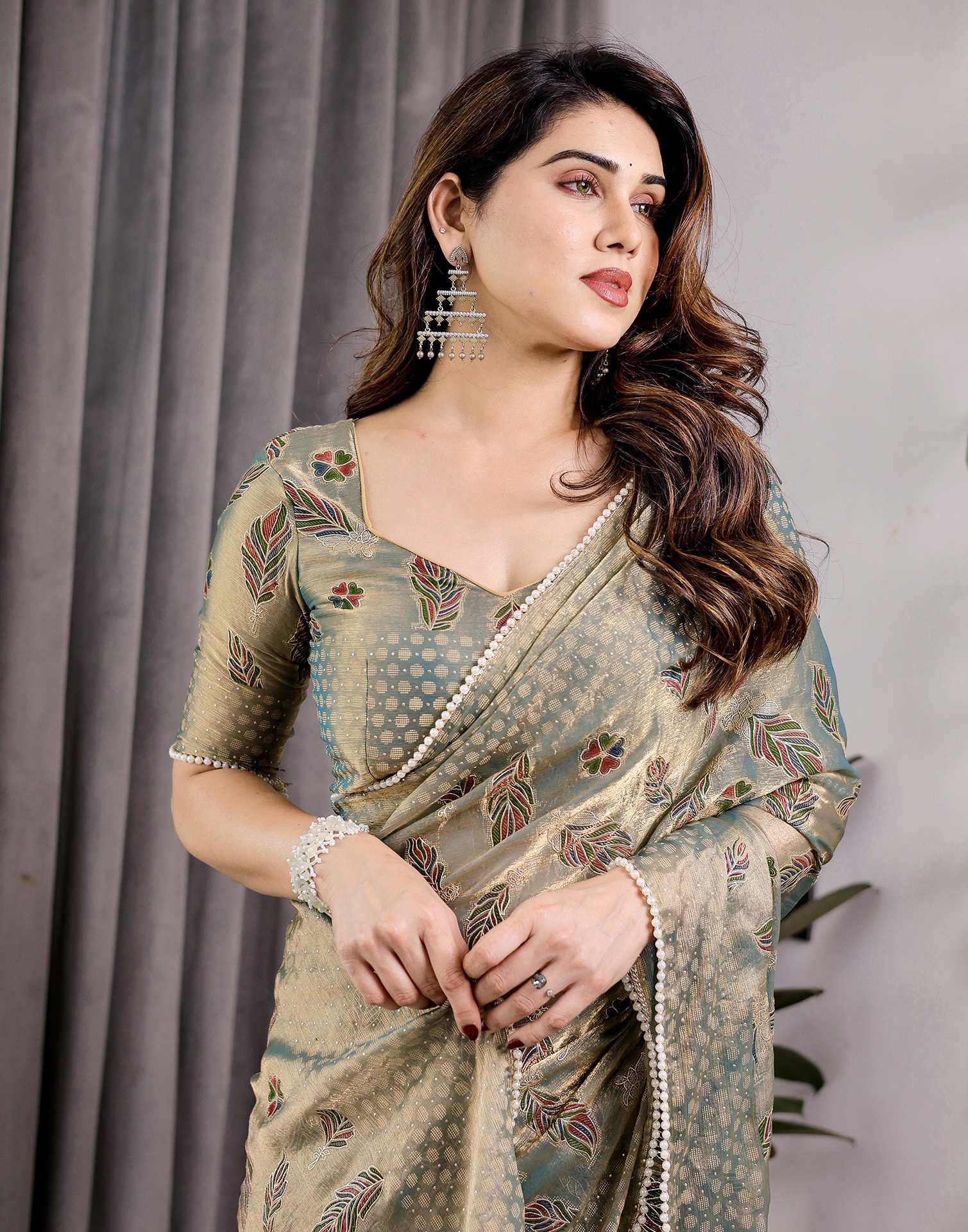 Pastel Green Shimmer Chiffon Foil Printed Saree