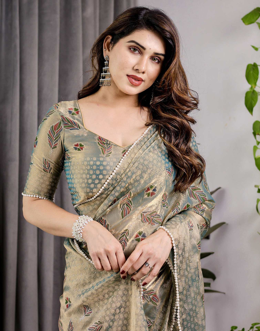 Pastel Green Shimmer Chiffon Foil Printed Saree