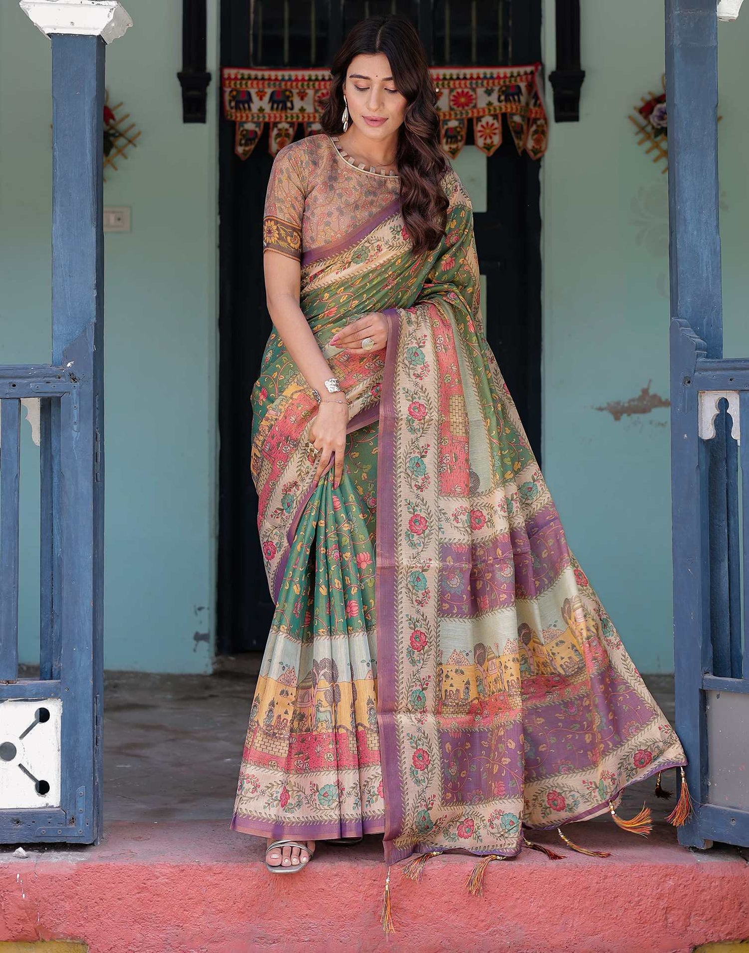 Green Shimmer Silk Printed Saree