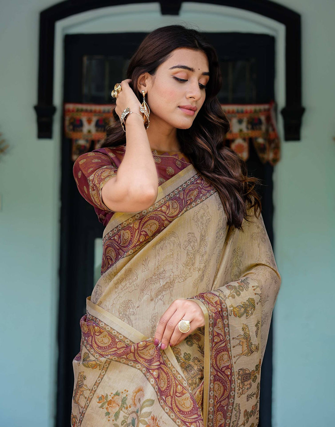 Beige Shimmer Silk Printed Saree
