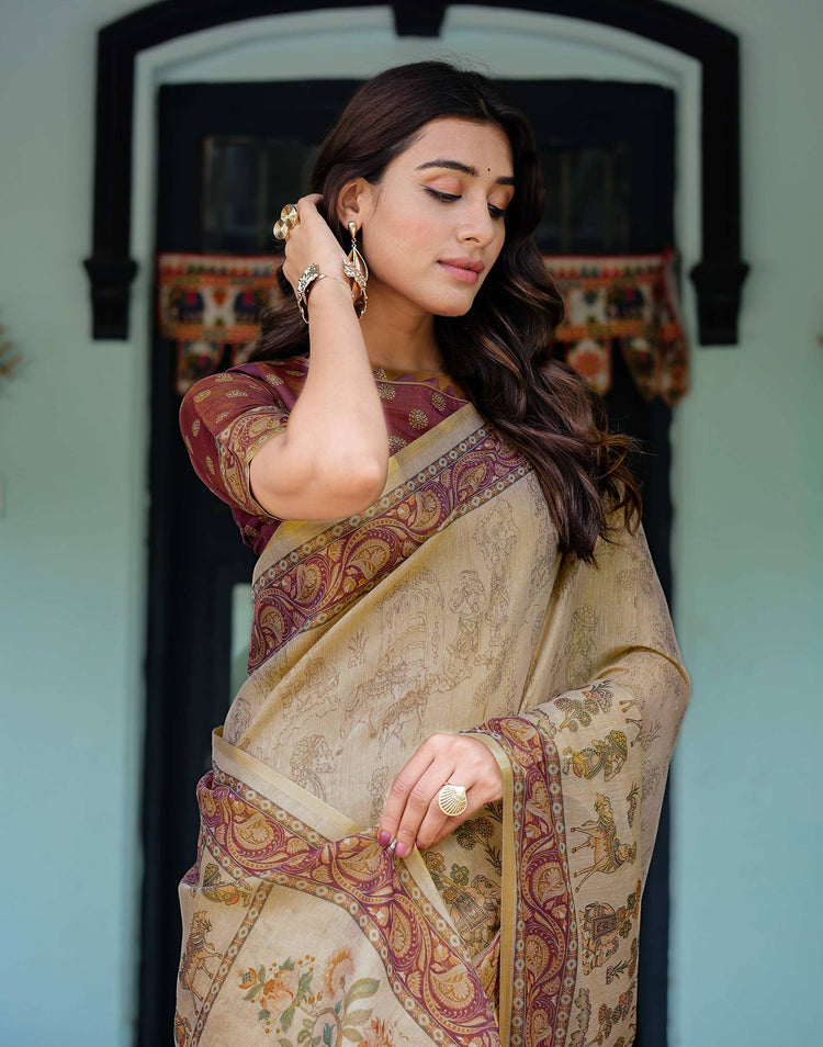 Beige Shimmer Silk Printed Saree