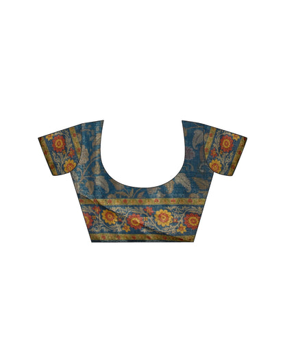 Dusty Blue Shimmer Silk Printed Kalamkari Saree