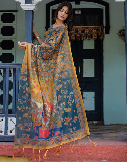 Dusty Blue Shimmer Silk Printed Kalamkari Saree