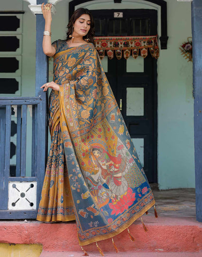 Dusty Blue Shimmer Silk Printed Kalamkari Saree