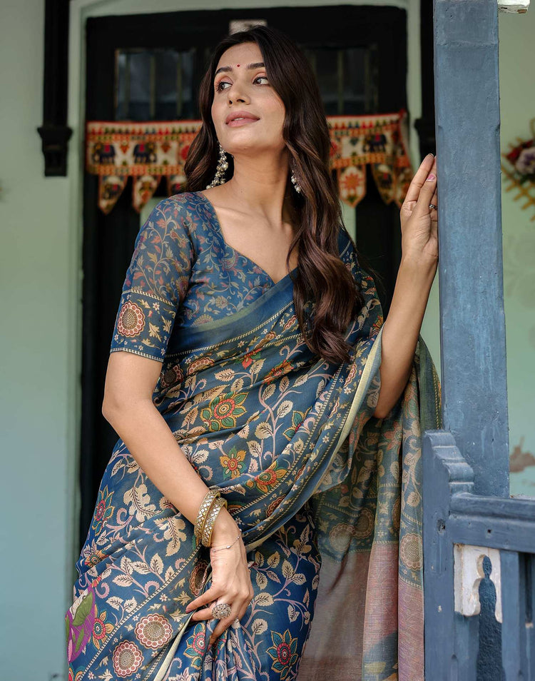 Light Navy Blue Shimmer Silk Printed Kalamkari Saree