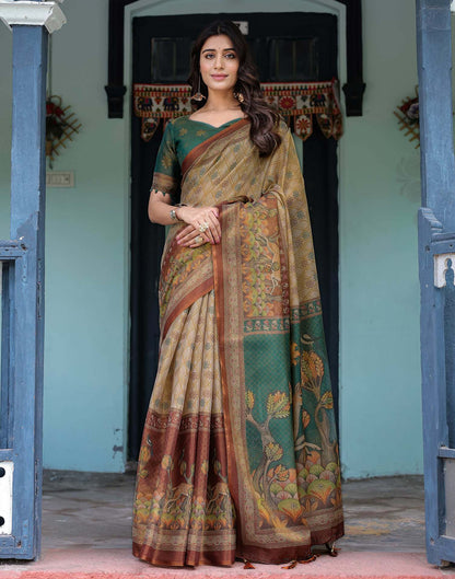 Beige Shimmer Silk Printed Saree