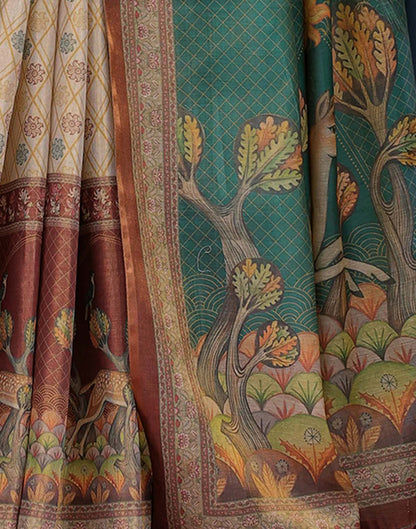 Beige Shimmer Silk Printed Saree