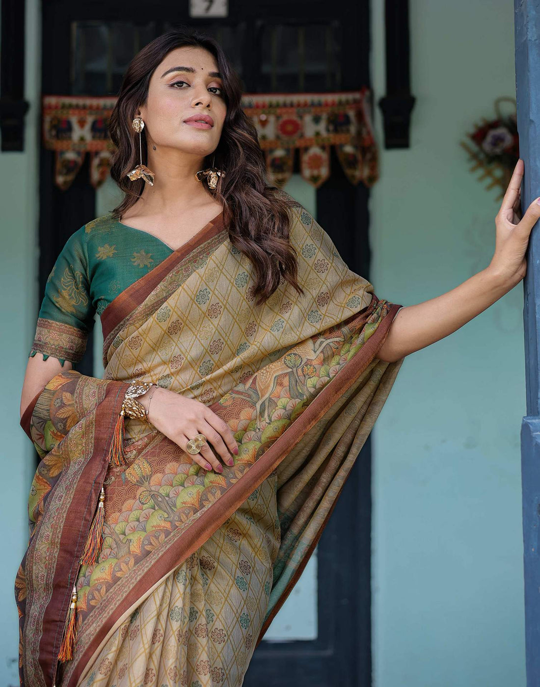 Beige Shimmer Silk Printed Saree