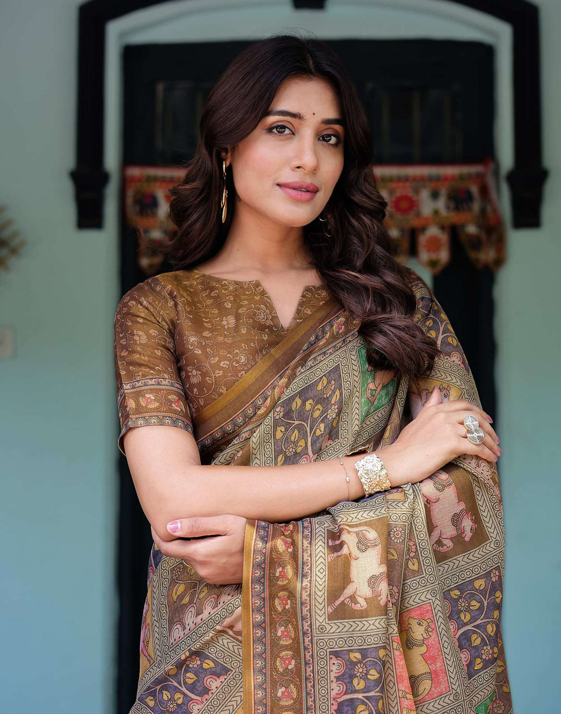 Brown Shimmer Silk Printed Saree