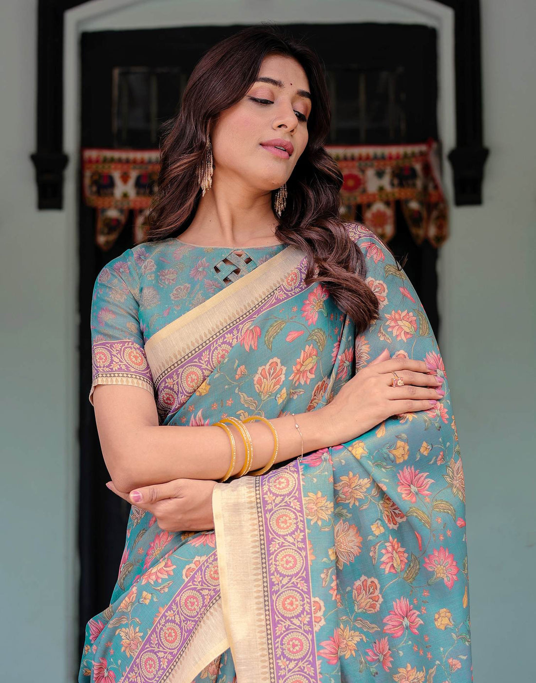 Teal Blue Shimmer Silk Printed Saree