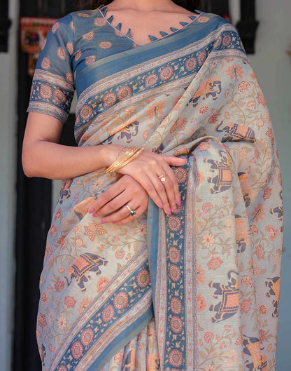Light Grey Shimmer Silk Printed Saree