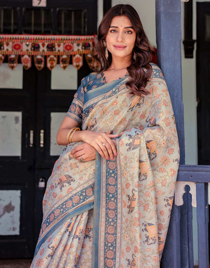 Light Grey Shimmer Silk Printed Saree