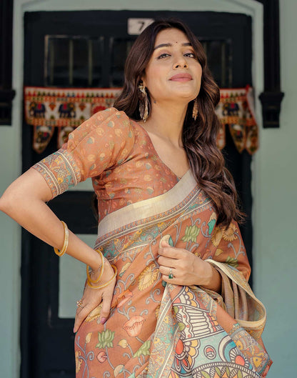 Brown Shimmer Silk Printed Kalamkari Saree
