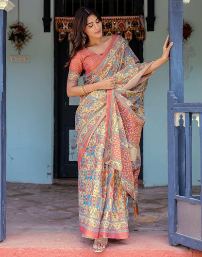 Coral Red Shimmer Silk Printed Kalamkari Saree