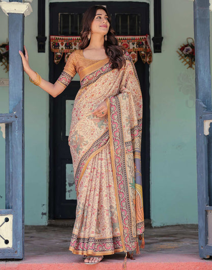 Beige Shimmer Silk Printed Saree