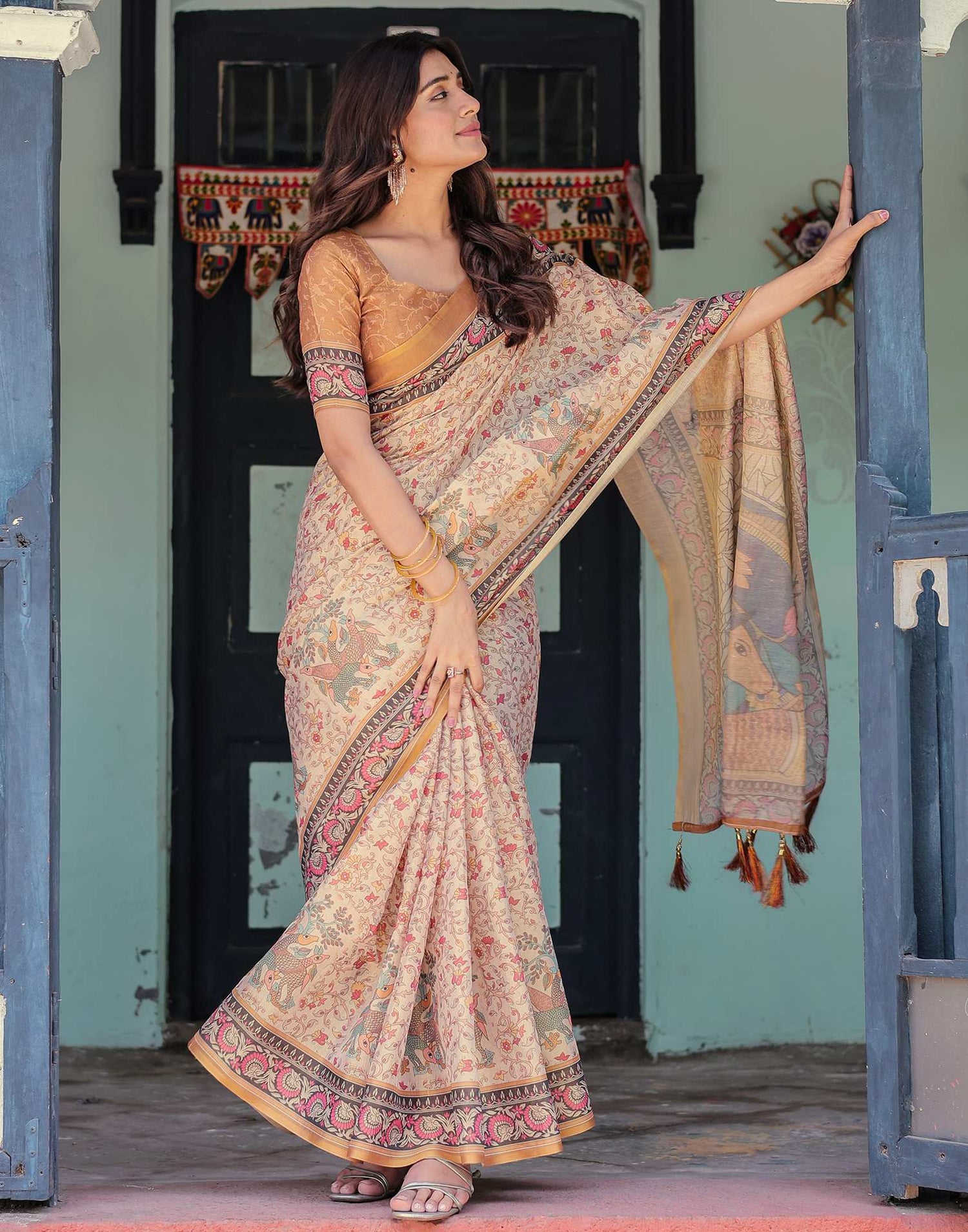 Beige Shimmer Silk Printed Saree