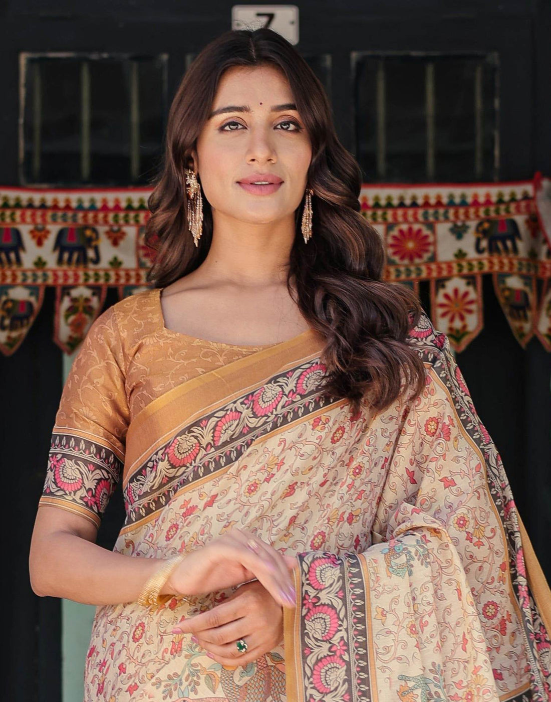 Beige Shimmer Silk Printed Saree
