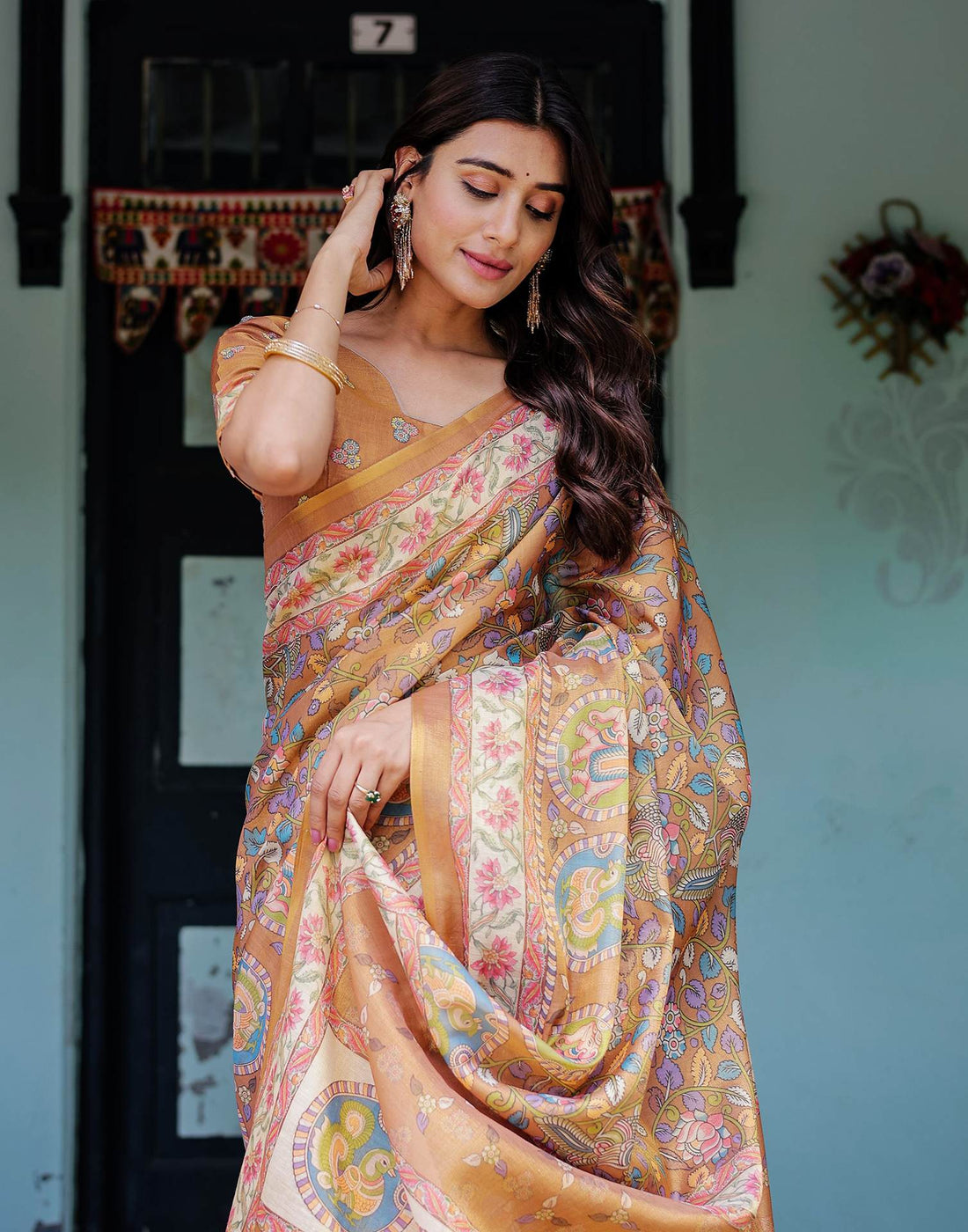 Light Brown Shimmer Silk Printed Kalamkari Saree