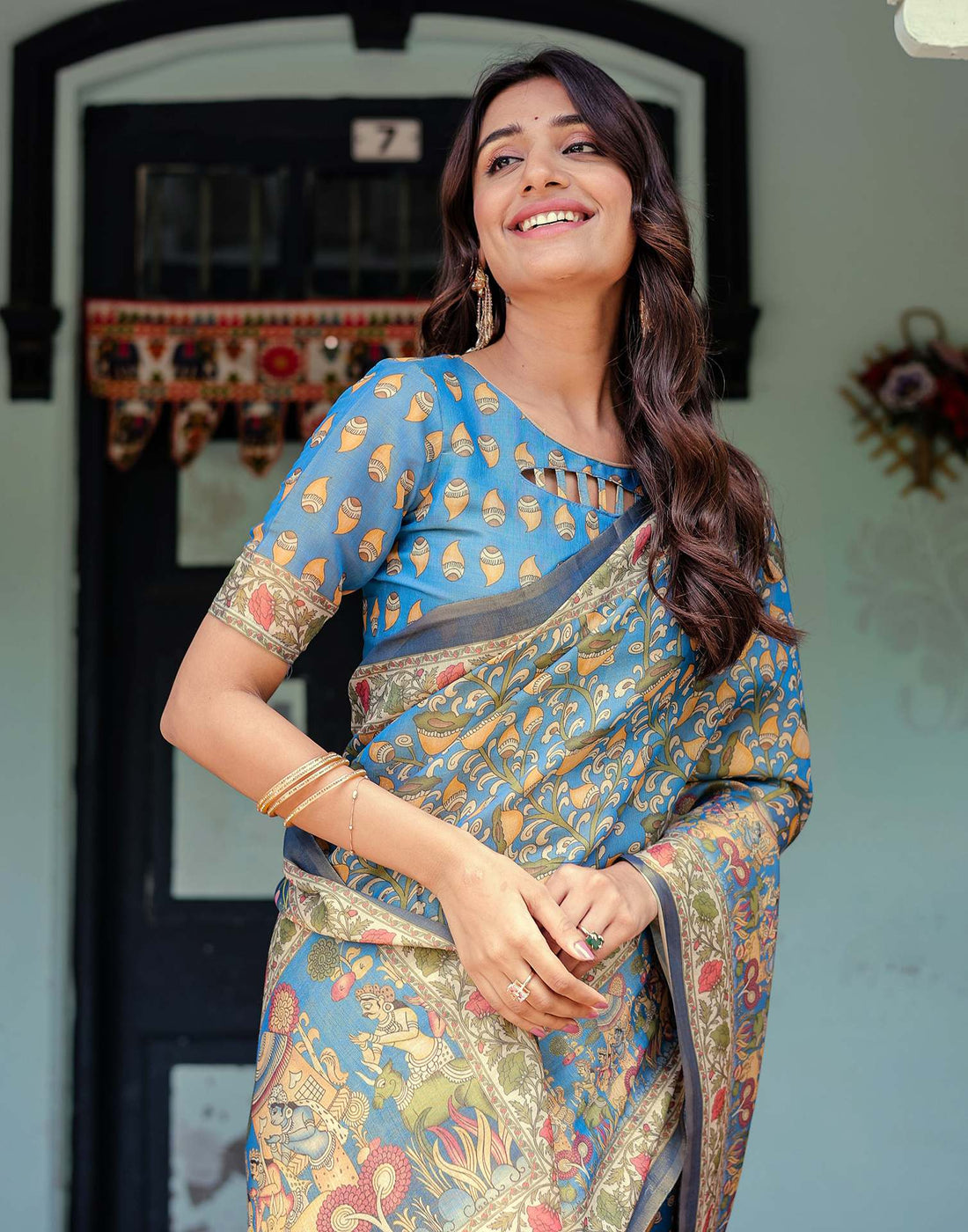 Blue Shimmer Silk Printed Kalamkari Saree