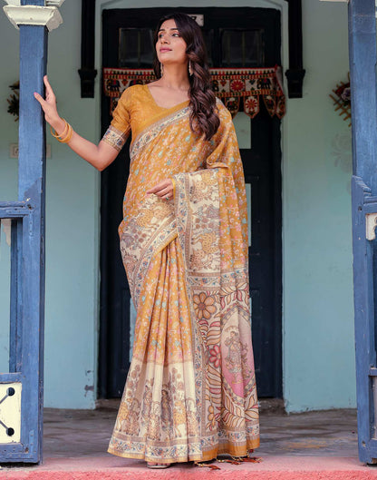 Mustard Shimmer Silk Printed Saree