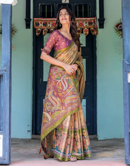 Beige Shimmer Silk Printed Saree