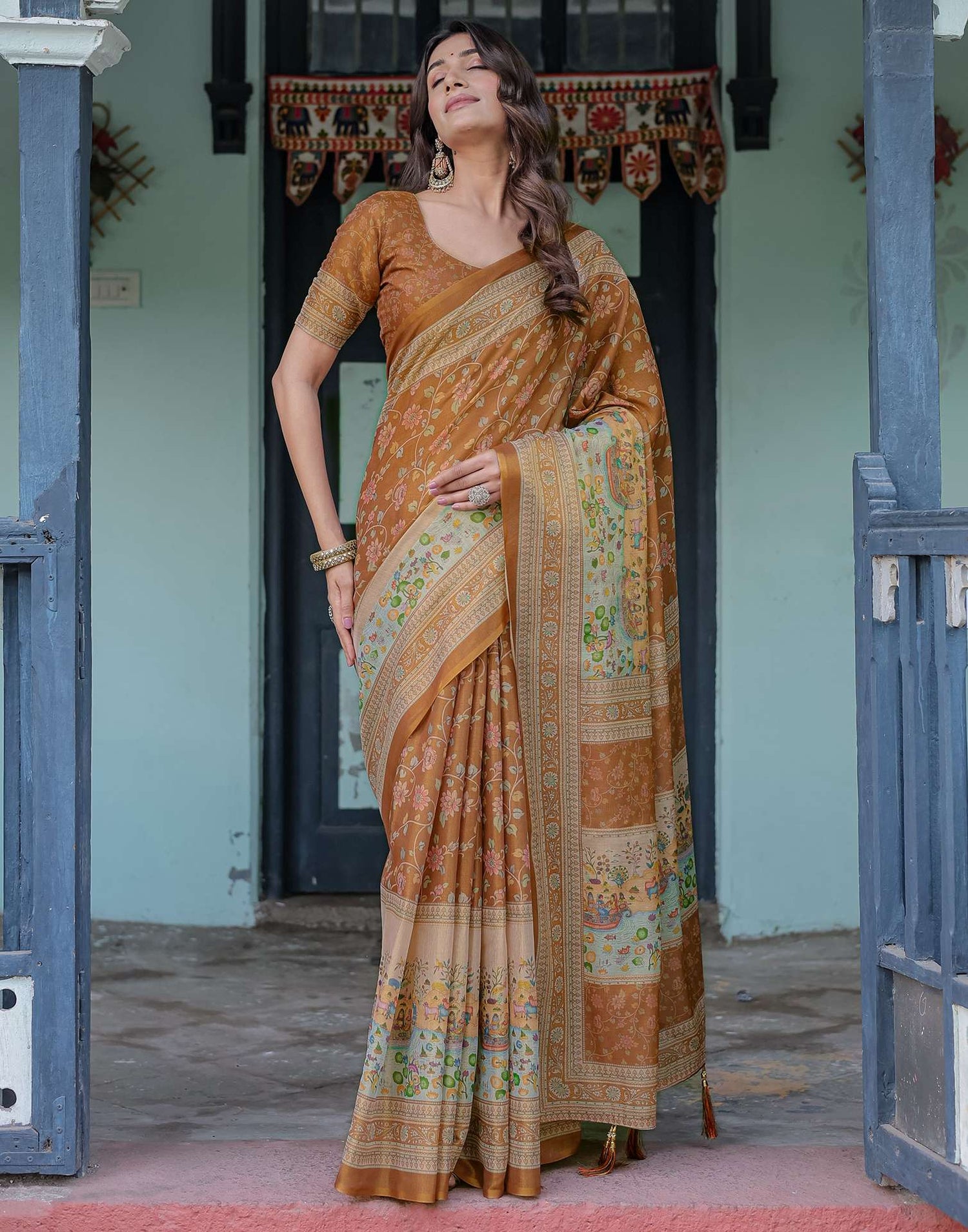 Brown Shimmer Silk Printed Saree