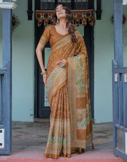 Brown Shimmer Silk Printed Saree