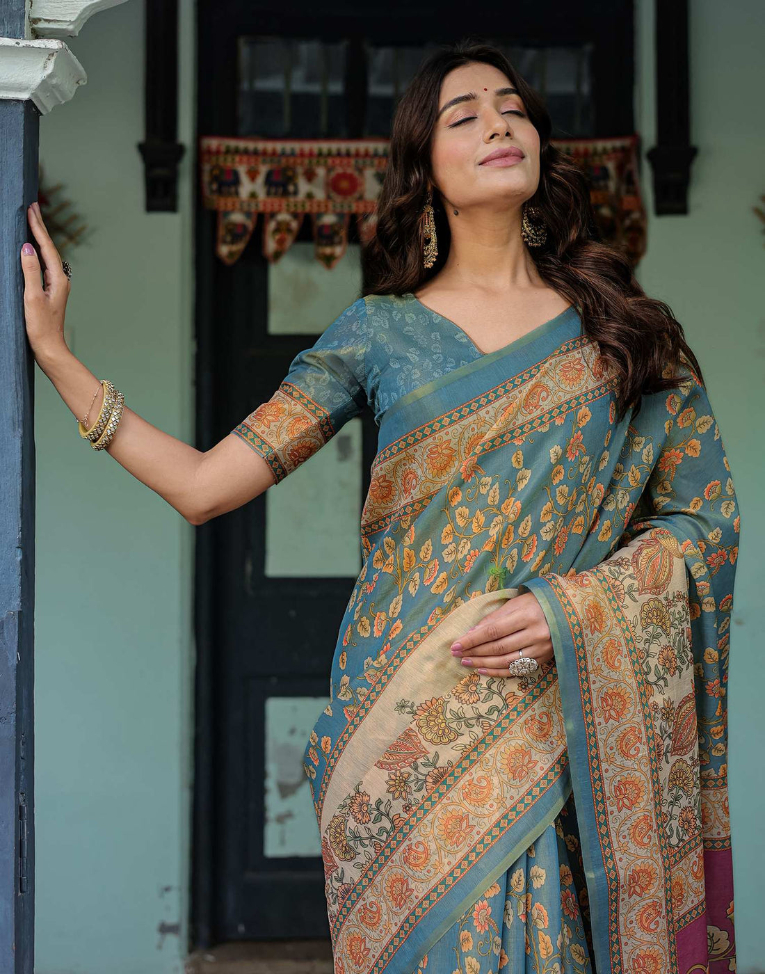 Teal Blue Shimmer Silk Printed Saree