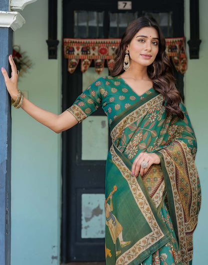 Teal Green Shimmer Silk Printed Saree