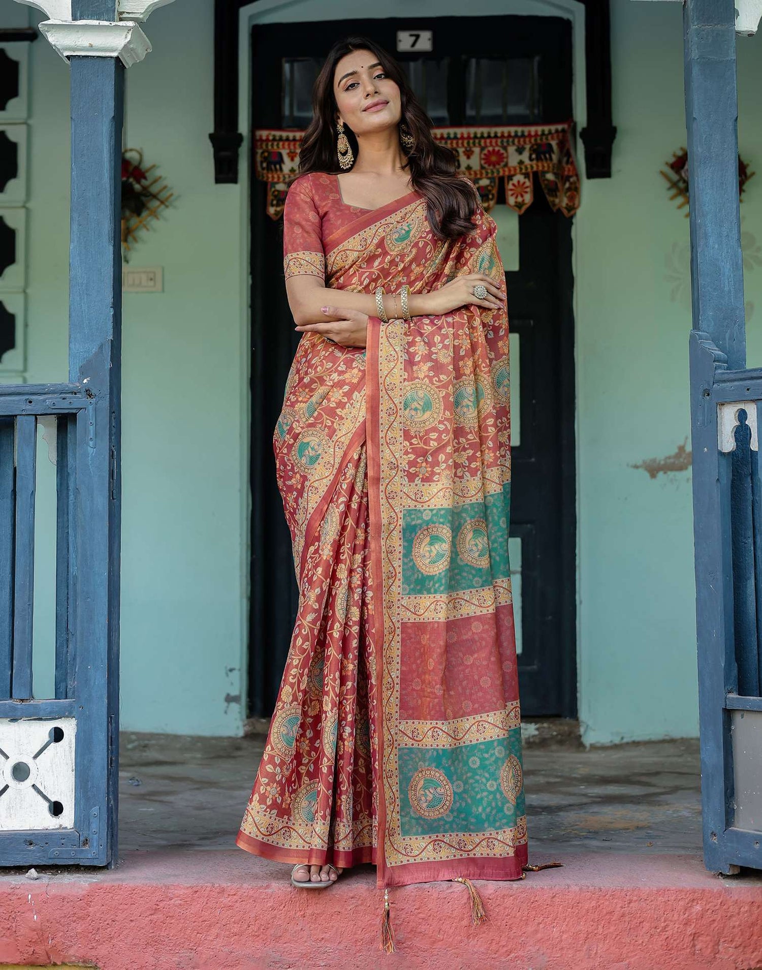 Coral Red Shimmer Silk Printed Saree