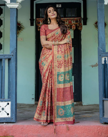 Coral Red Shimmer Silk Printed Saree