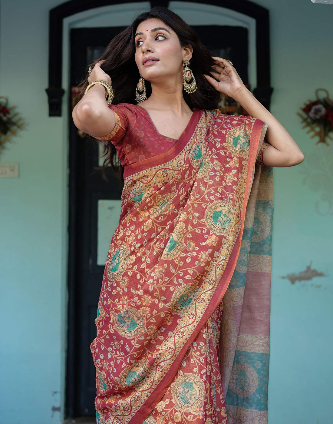 Coral Red Shimmer Silk Printed Saree