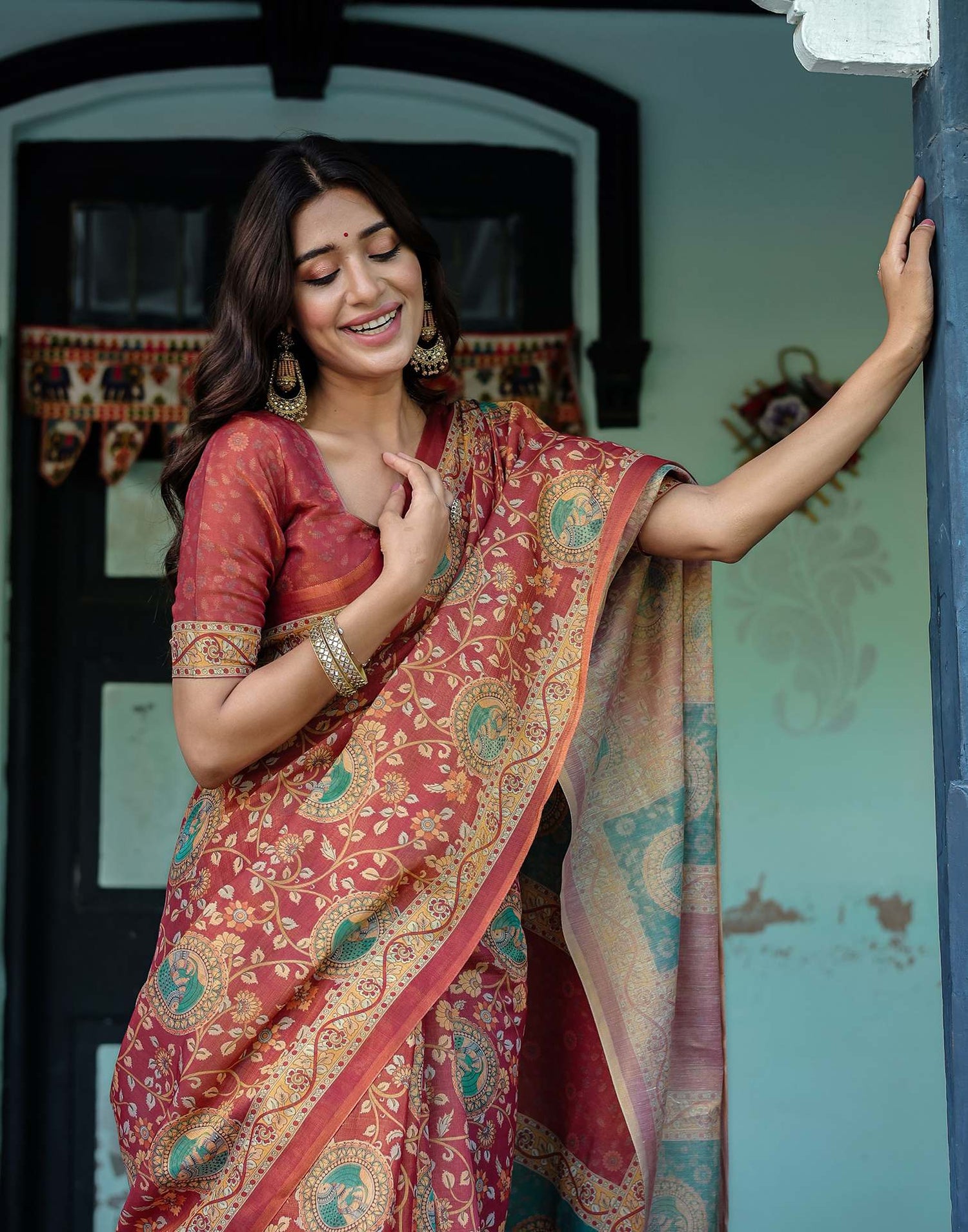 Coral Red Shimmer Silk Printed Saree